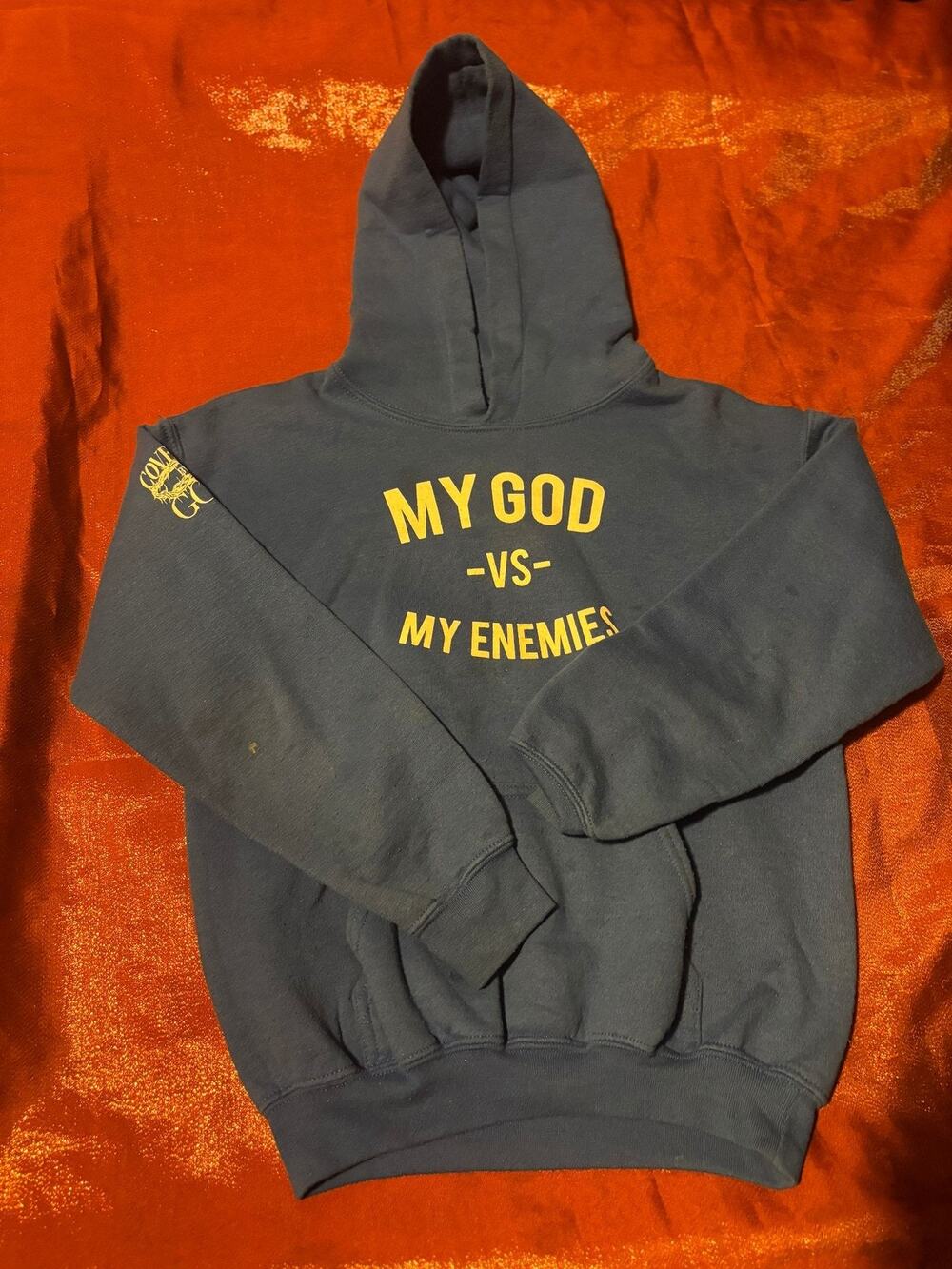 Covered By God Hoodie Mens M Navy My God vs My Enemies Yellow Print Hooded